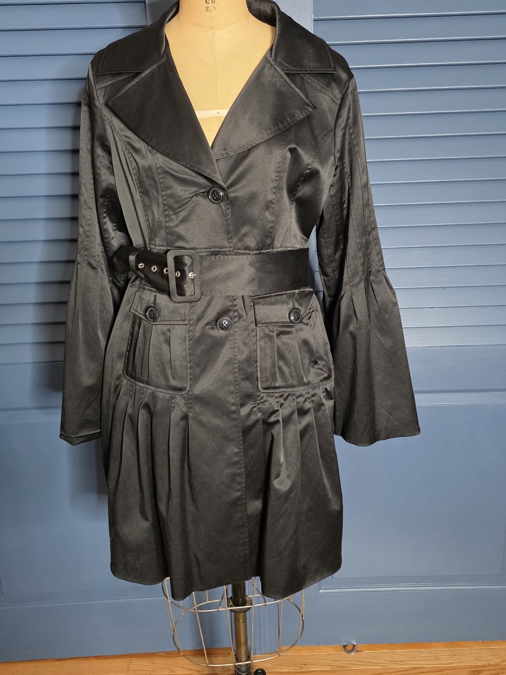 Vintage Arden B. Black Satin Pleated Trench Coat Dress - Size L
